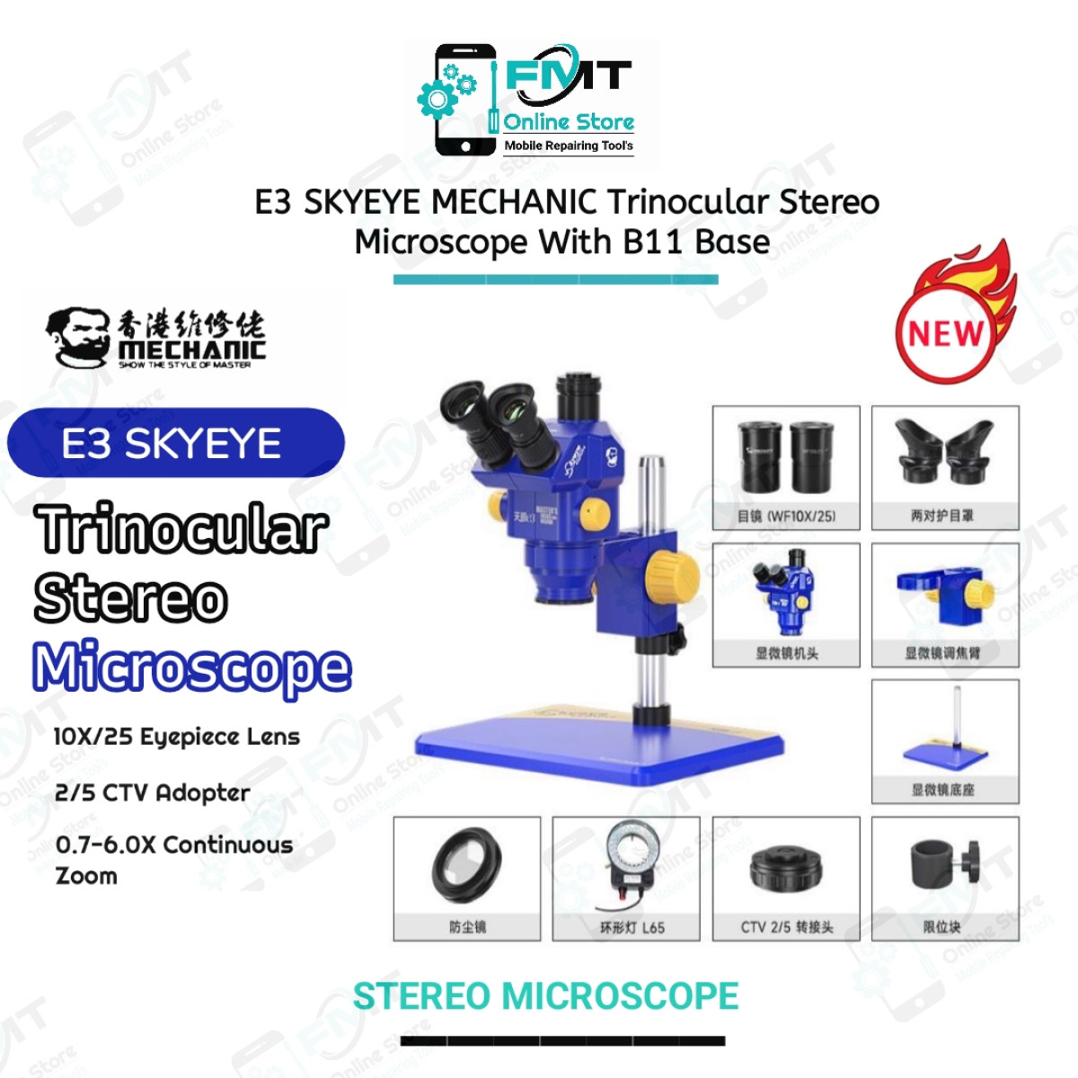 E3 SKYEYE MECHANIC Trinocular Stereo Microscope With B11