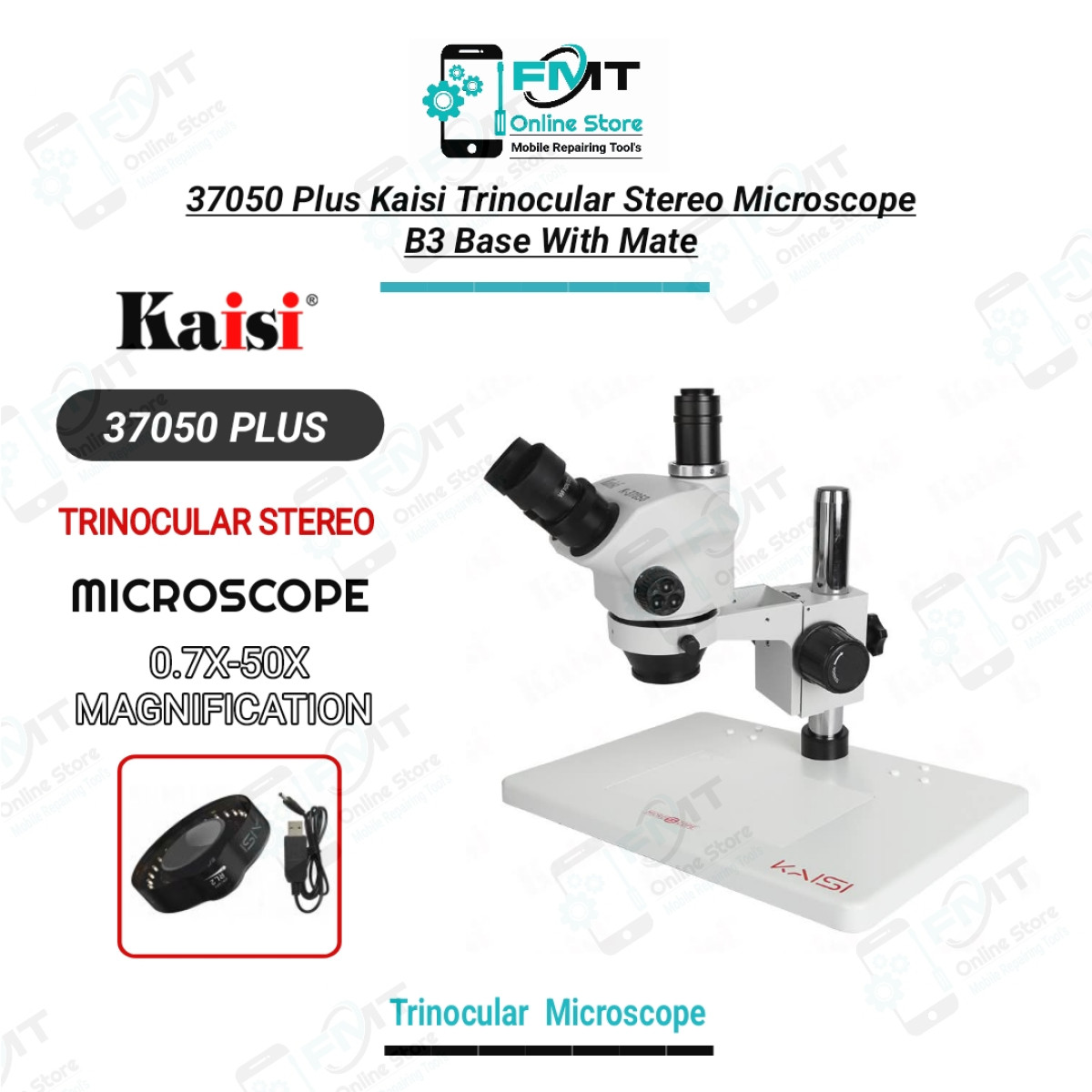 Kaisi 37050Plus Trinocular Stereo Microscope B3 Base With Silicone Pad