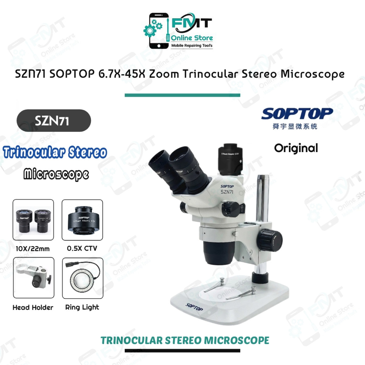 SZN71 SOPTOP 6.7X-45X Zoom Triocular Stereo Microscope