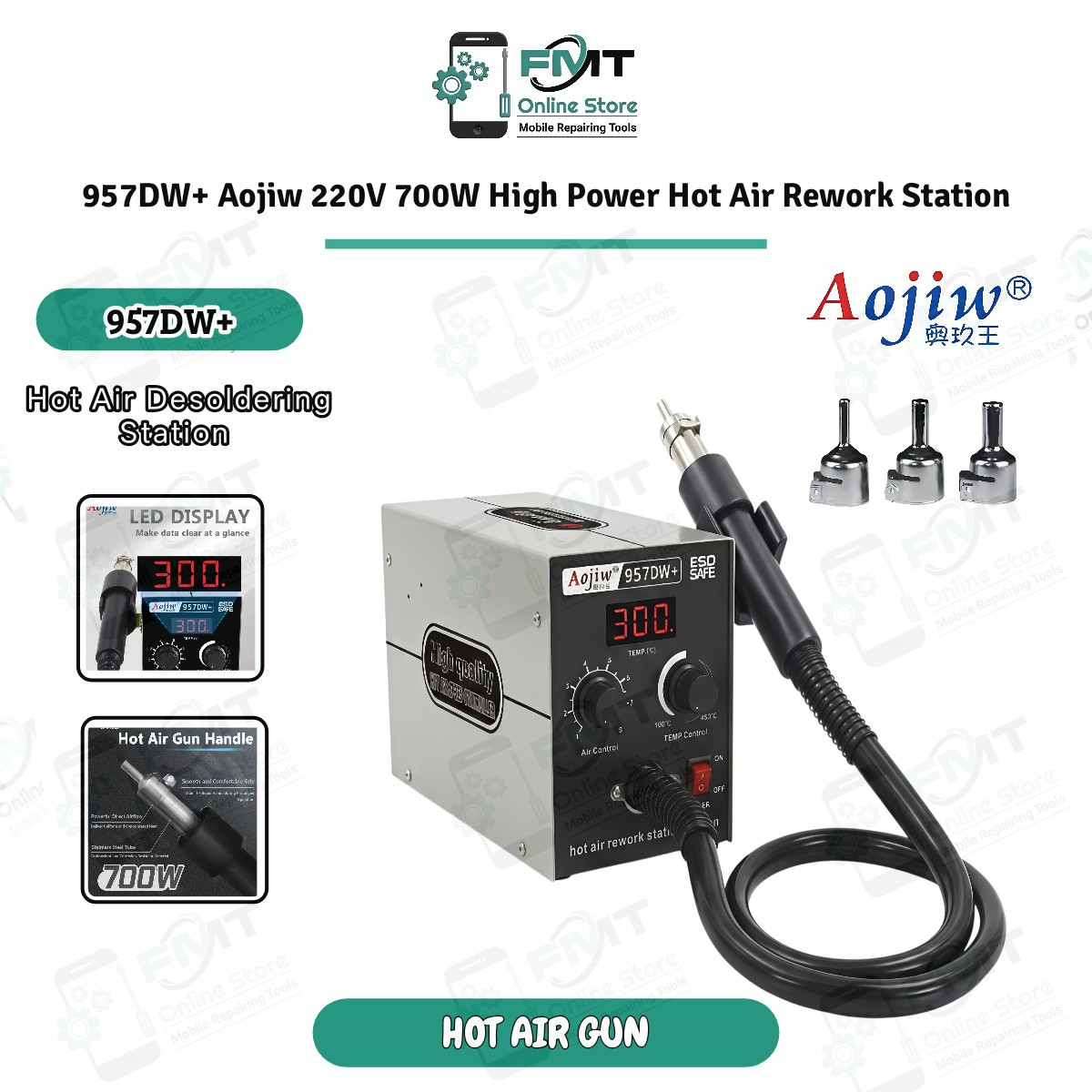 957DW+ Aojiw 220V 700W High Power Hot Air Rework Station