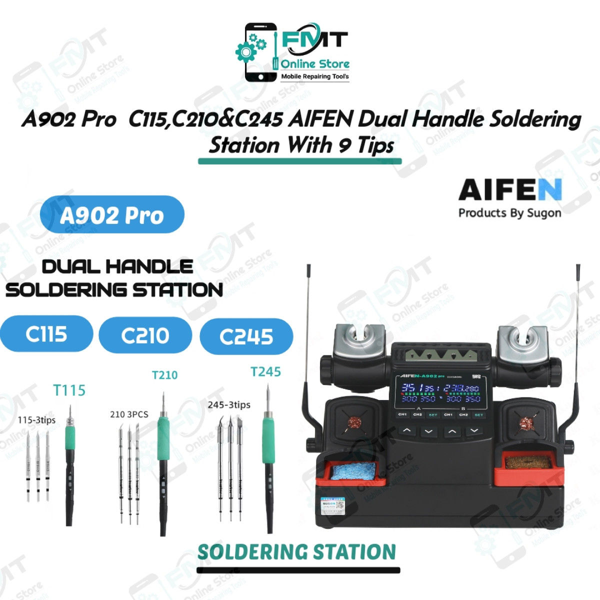 A902 Pro C115,C210&C245 AIFEN DUAL HANDLE SOLDERING STATION WITH 9 Tips