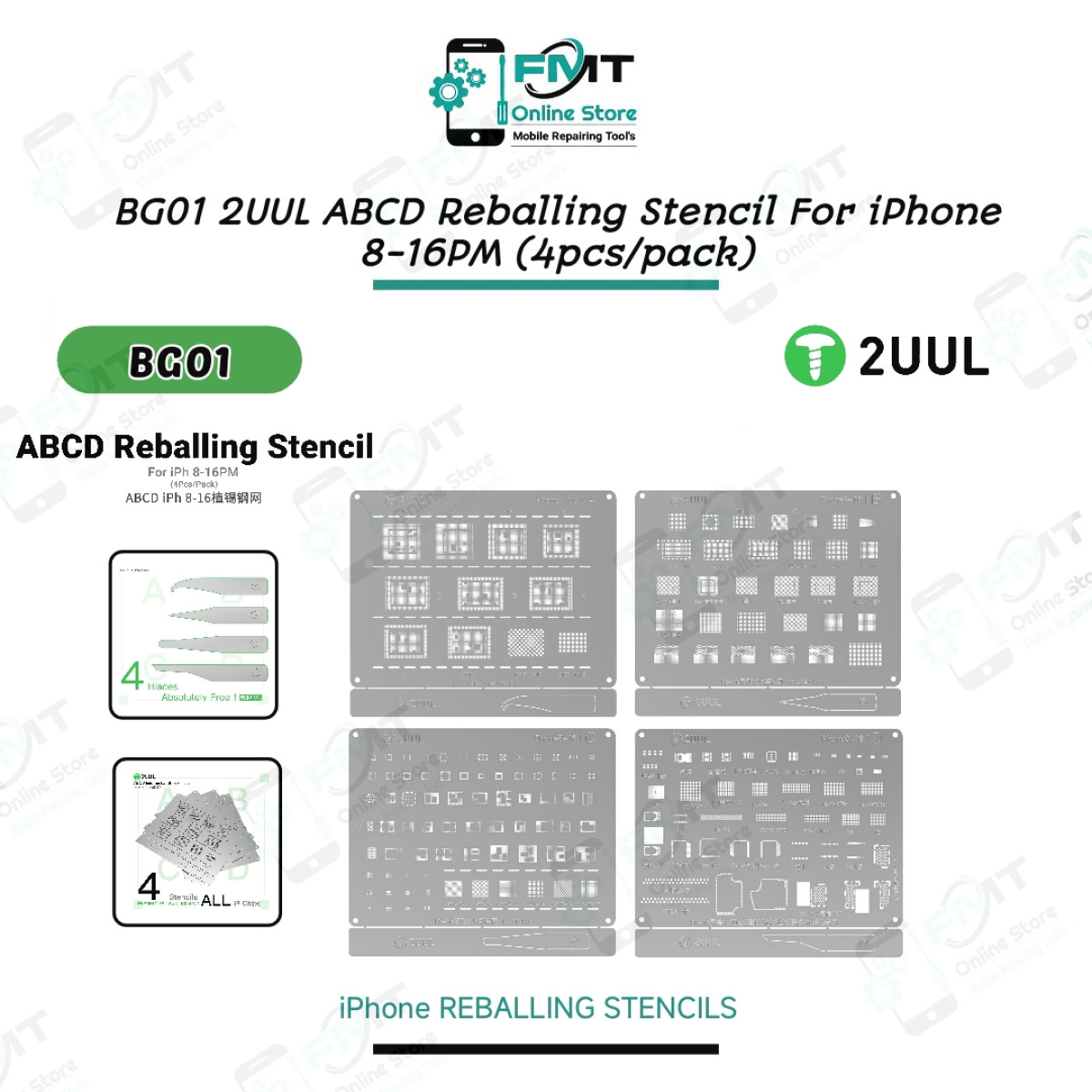 BG01 2UUL ABCD Reballing Stencil For iPh 8-16PM (4pcs/pack)