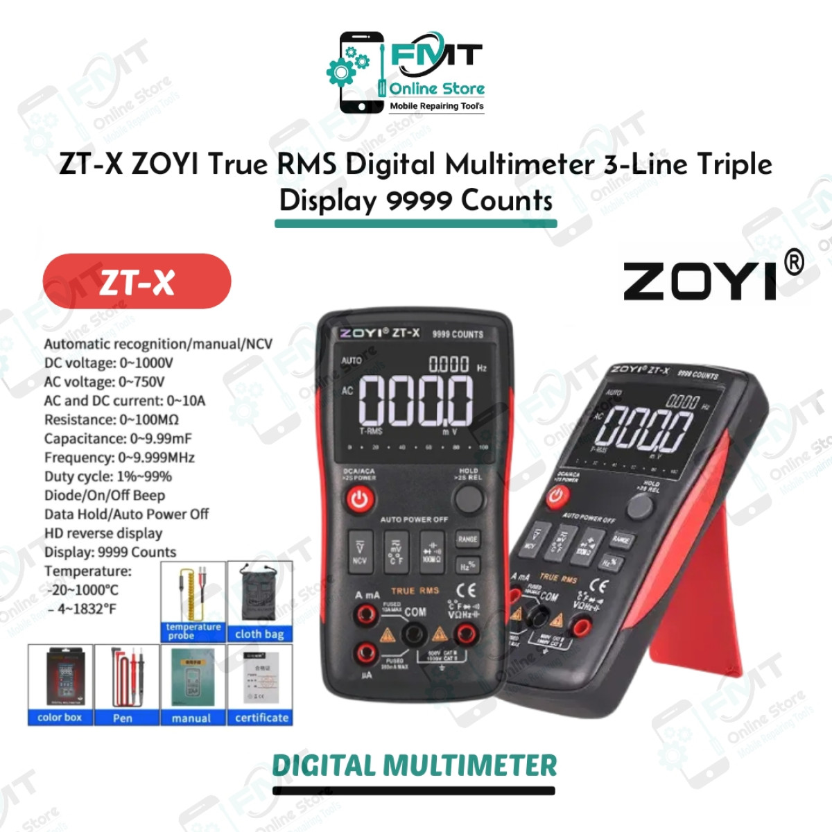 ZT-X ZOYI True RMS Digital Multimeter 3-Line Triple Display 9999 Counts.