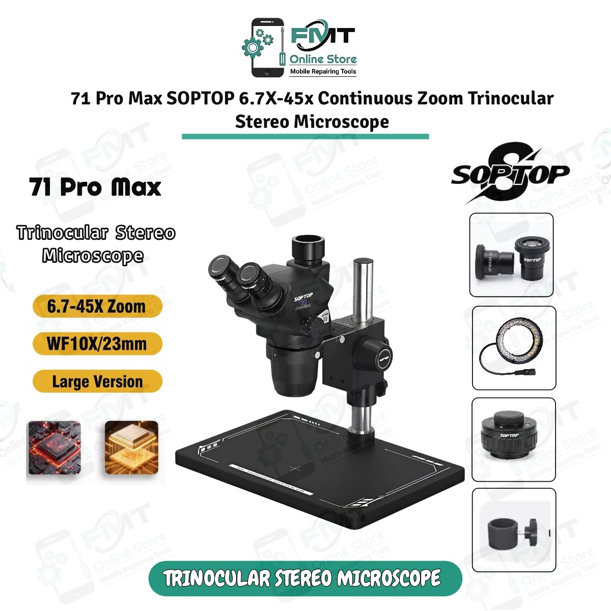 71 Pro Max SOPTOP 6.7X-45x Continuous Zoom Trinocular Stereo Microscope