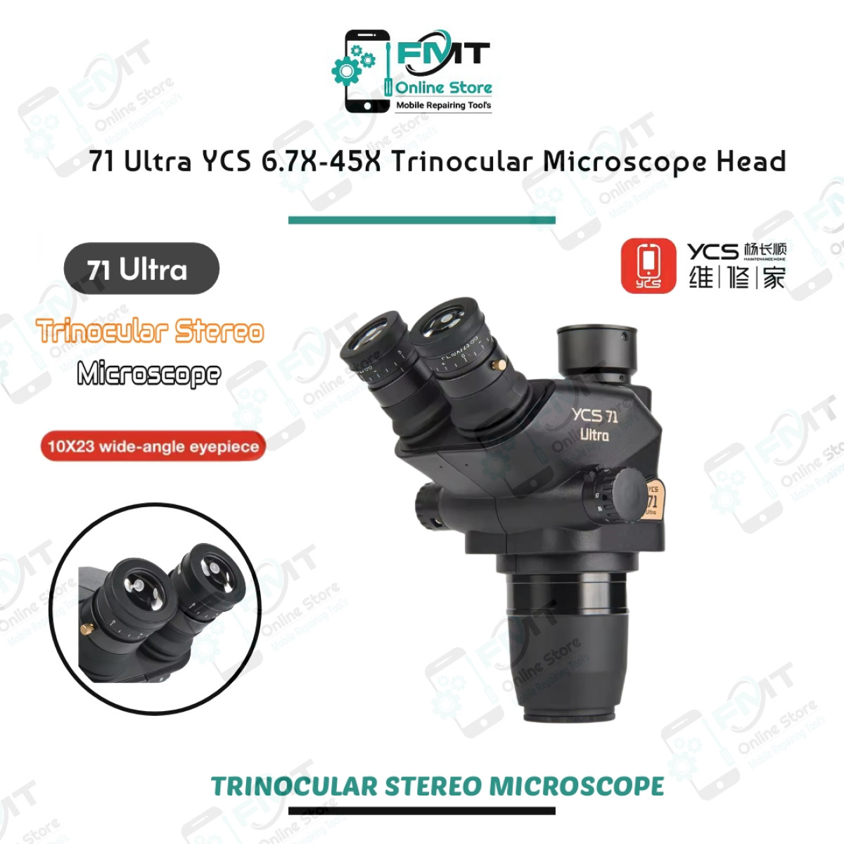 71 Ultra YCS 6.7X-45X Zoom Trinocular  Stereo Microscope Head.