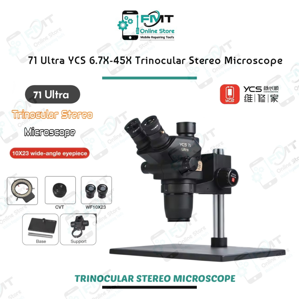 71 Ultra YCS 6.7X-45X Zoom Trinocular Stereo Microscope