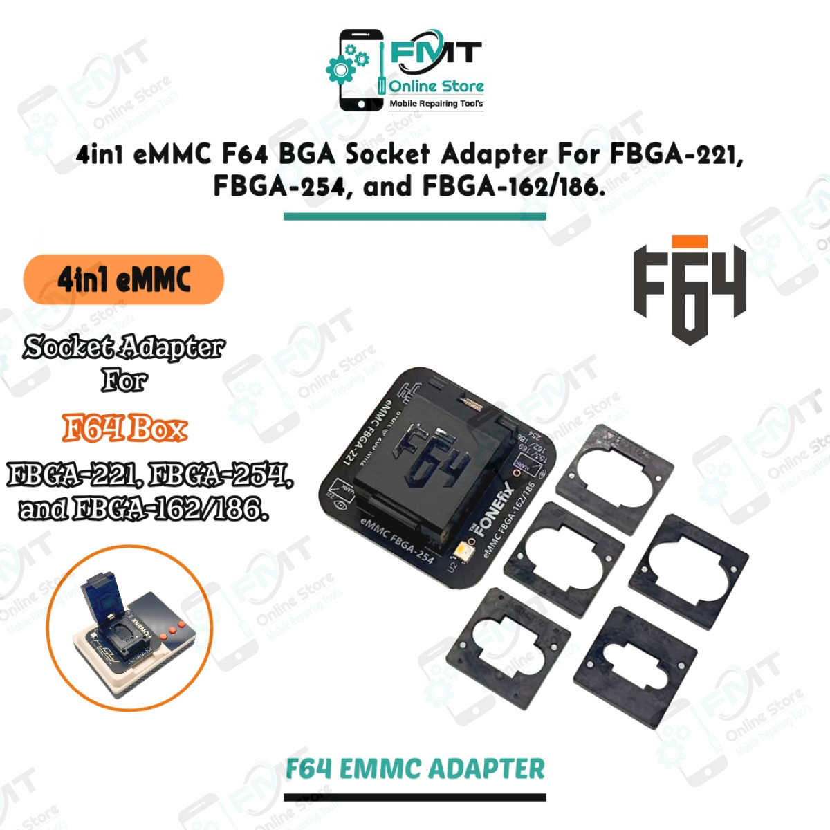 4in1 eMMC F64 BGA Socket Adapter For FBGA-221, FBGA-254, and FBGA-162/186