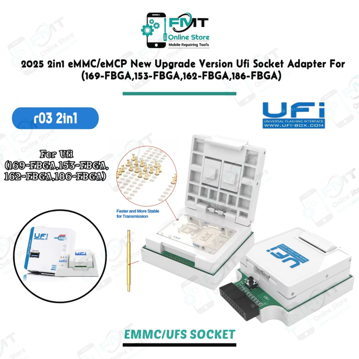 r03 2in1 eMMC/eMCP New Upgrade Version Ufi Socket Adapter For (169-FBGA,153-FBGA,162-FBGA,186-FBGA)