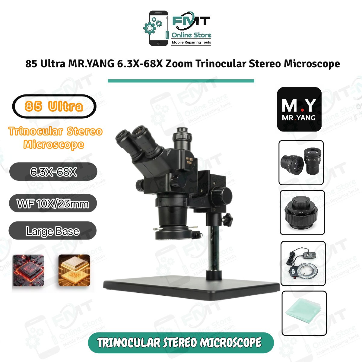 85 Ultra MR.YANG 6.3X-68X Continuous Zoom Trinocular Stereo Microscope