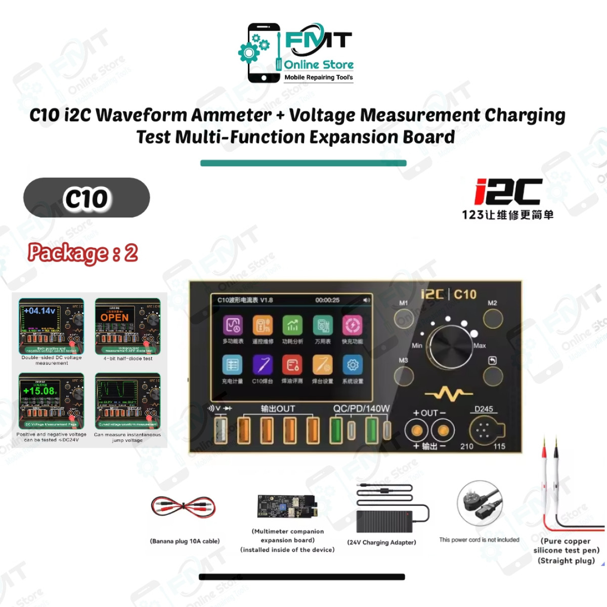 C10 i2C Package 2 Waveform Ammeter + Voltage Measurement Charging Test + Soldering Option Multi-Functional Diagnostic Tool