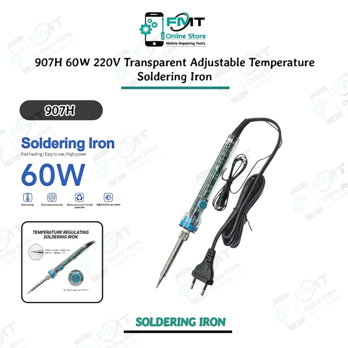 907H 60W 220V Transparent Adjustable Temperature Soldering Iron,