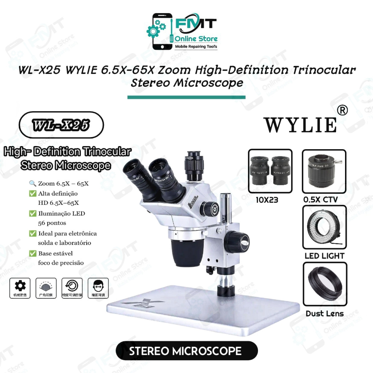 WL-X25 WYLIE 6.5X-65X Zoom High-Definition Trinocular Stereo Microscope.