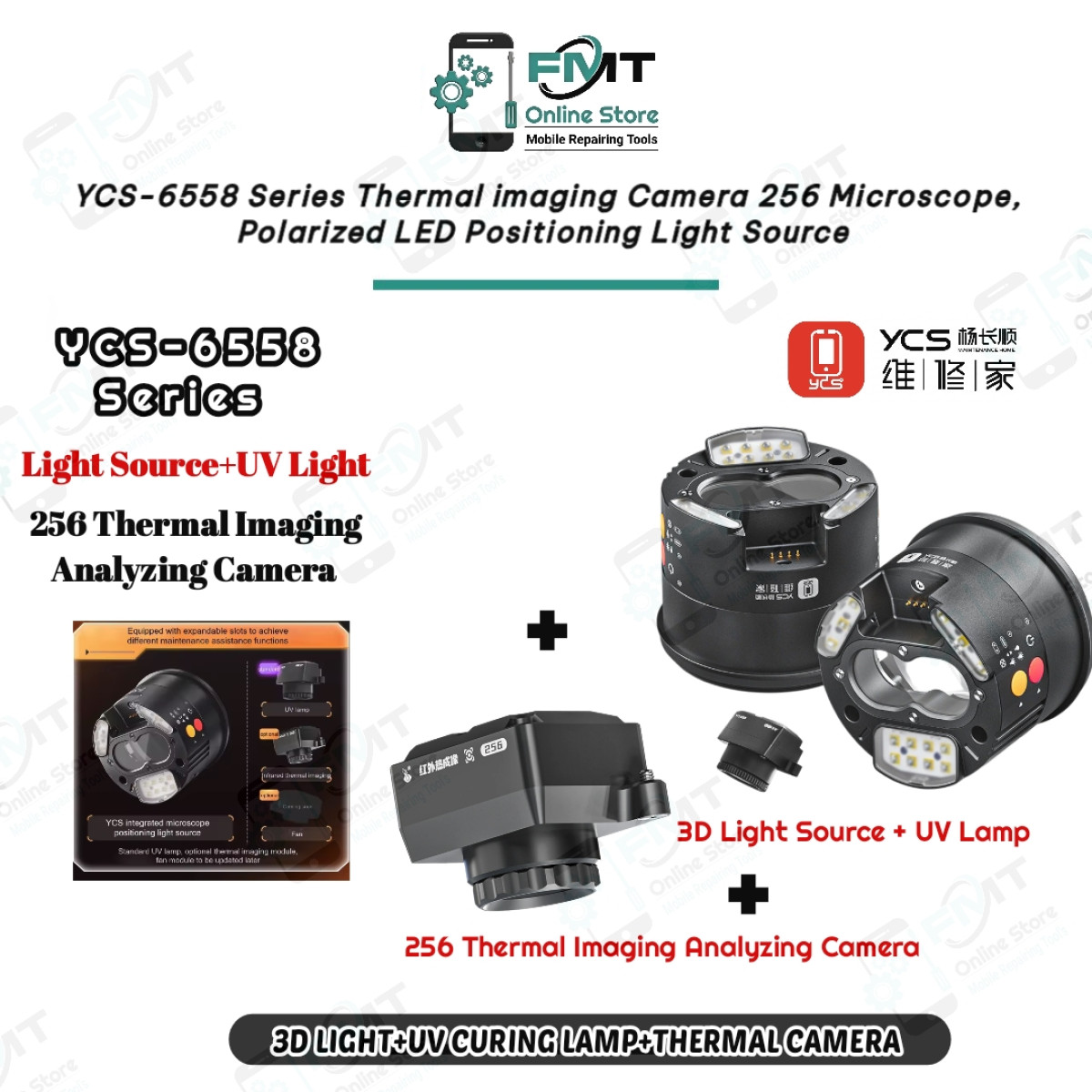 YCS-6558 Series Thermal imaging Camera 256 Microscope, Polarized LED Positioning Light Source For UV Curing Of Mobile Phones, Type C Repair Tools.