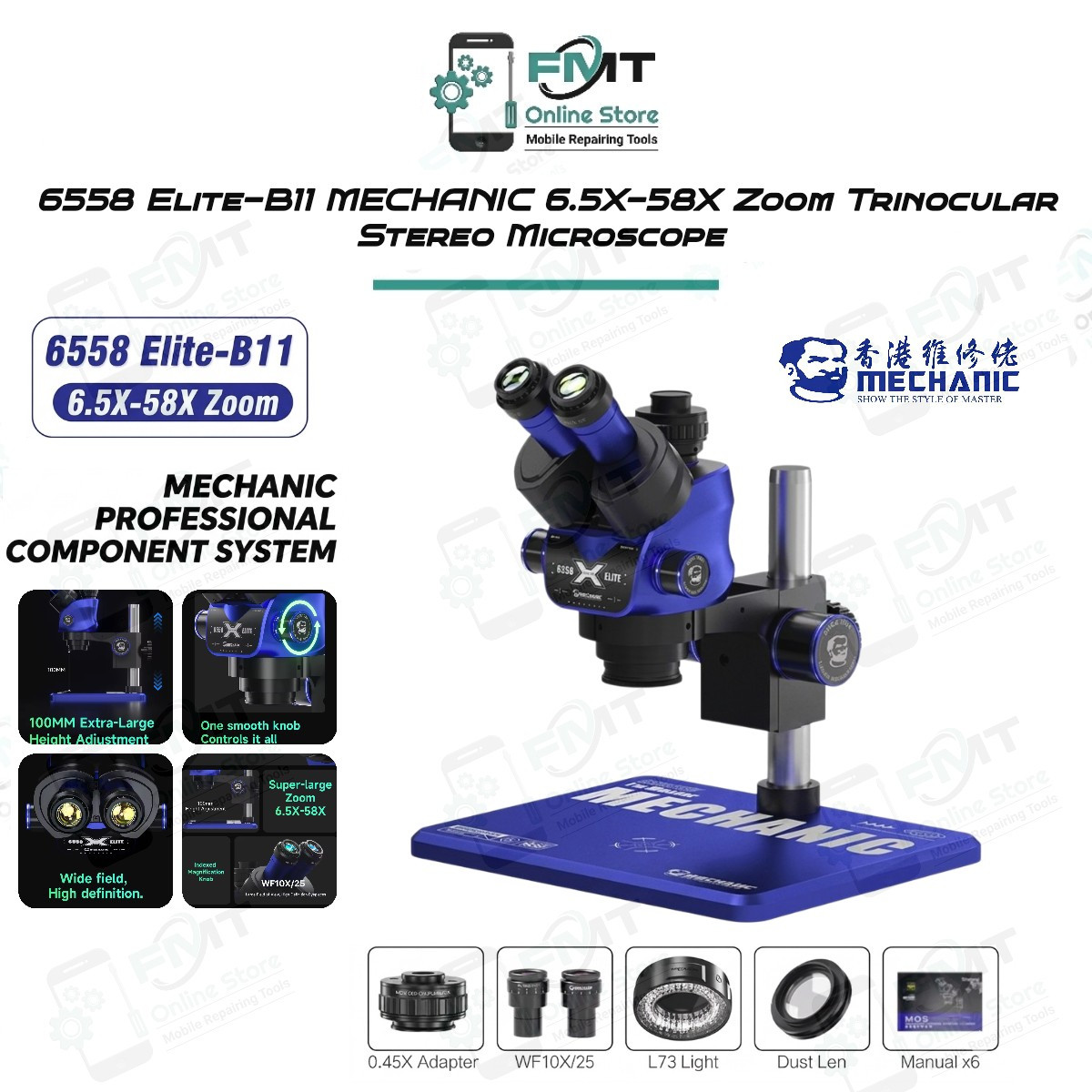 6558 Elite-B11 MECHANIC 6.5X-58X Zoom Trinocular Stereo Microscope