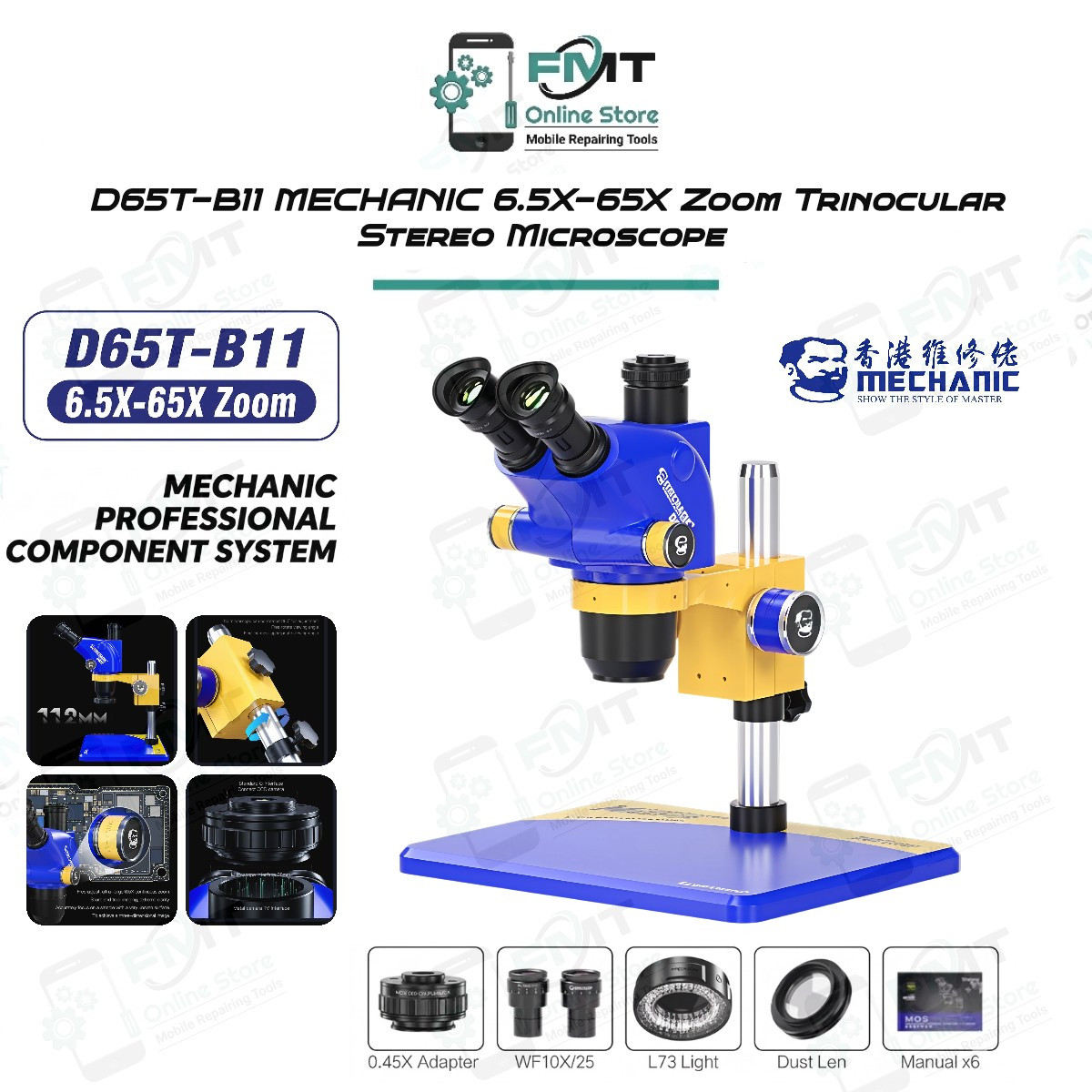 D65T-B11 MECHANIC 6.5X-65X Zoom Trinocular Stereo Microscope